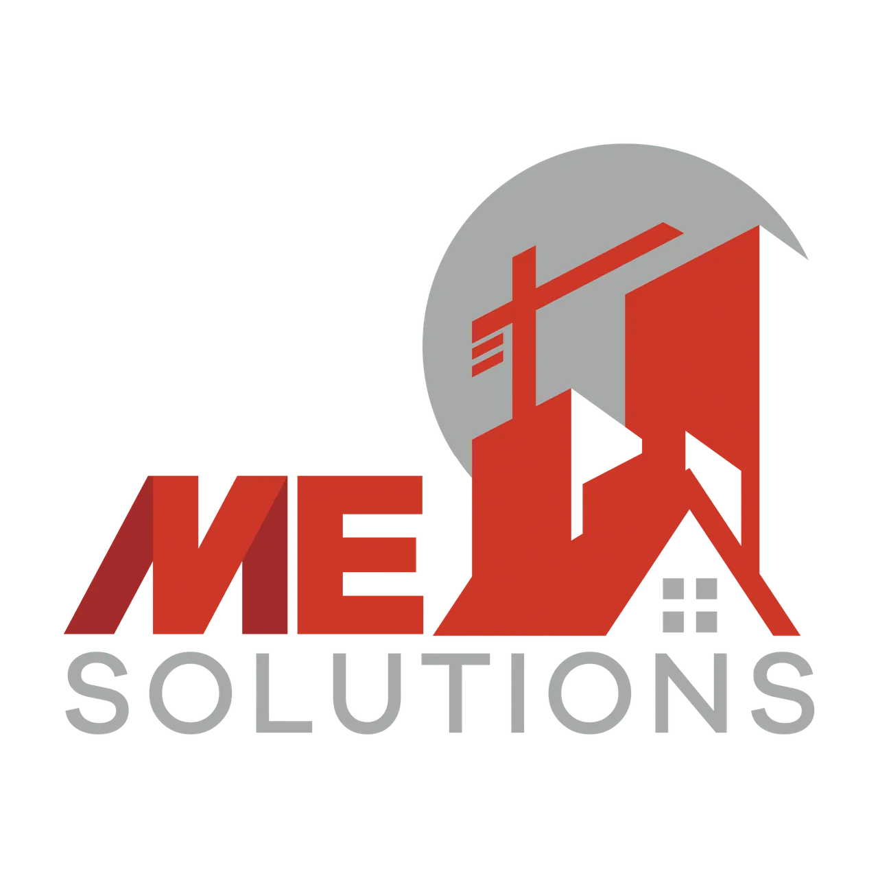 ME Solutions logo, a red house and crane mark over grey lettering