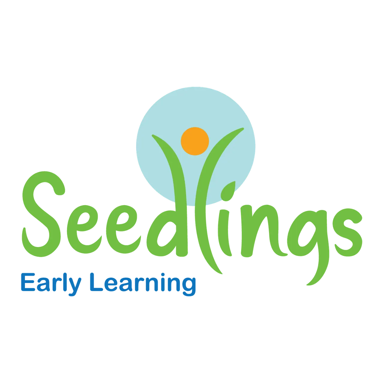 Seedlings Early Learning logo, a green sprout figure in a pale blue circle