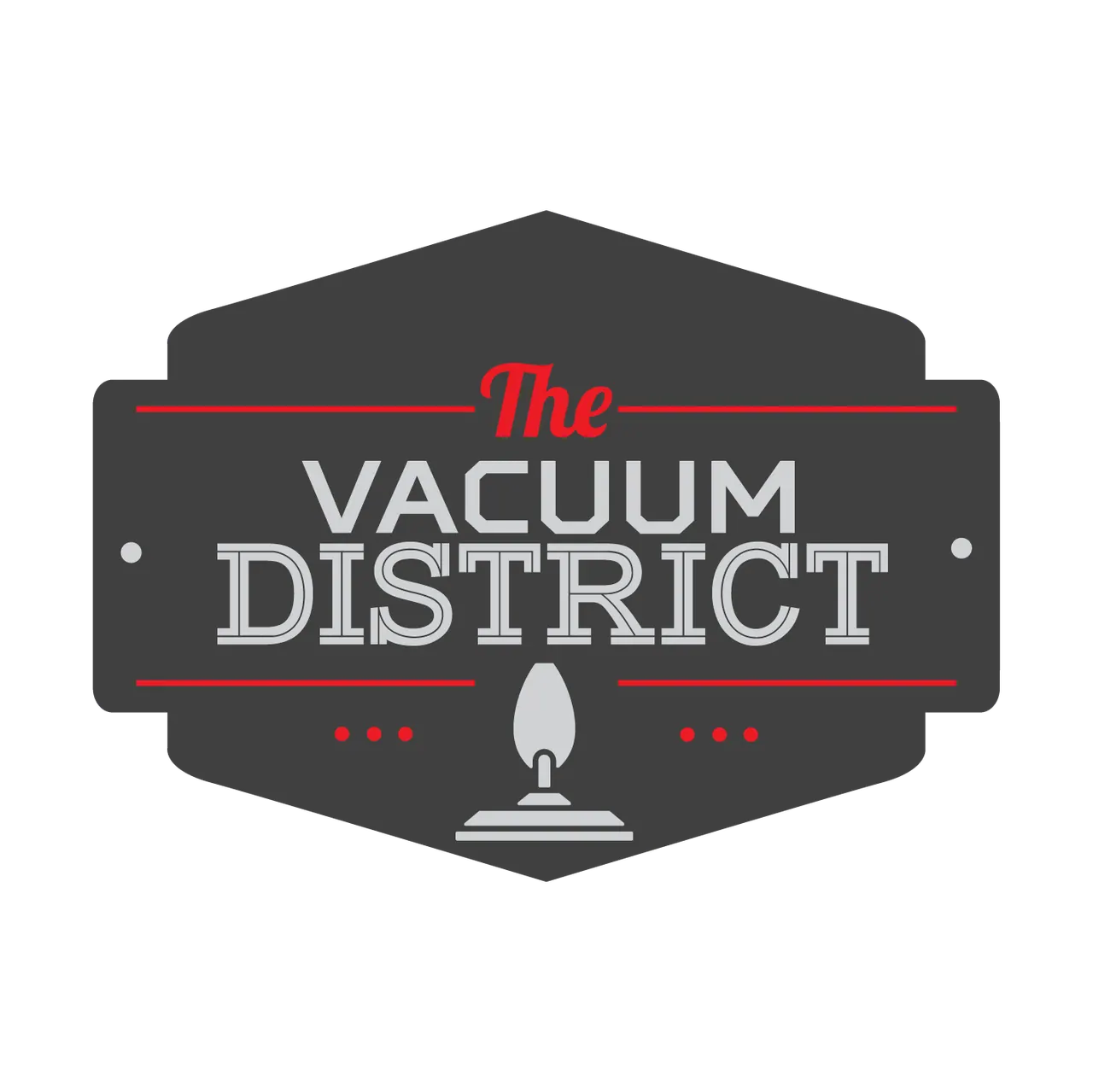 The Vacuum District logo, a dark badge with vintage lettering