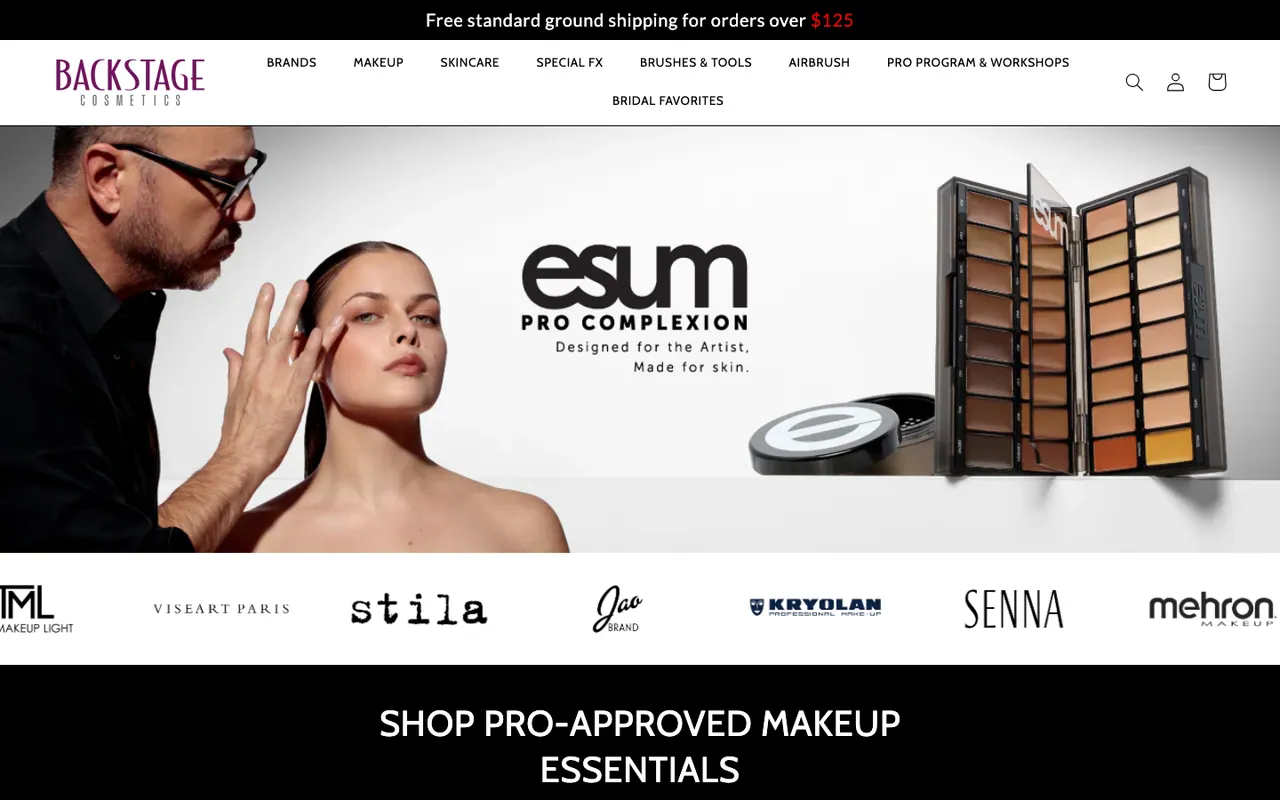Backstage Cosmetics online store homepage featuring a professional makeup palette