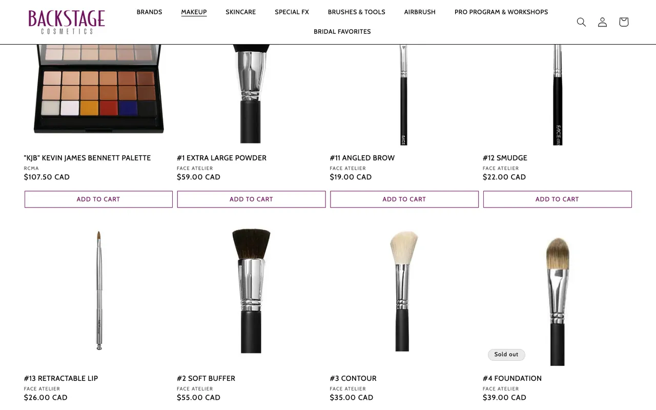 Backstage Cosmetics product grid with makeup brushes and palettes