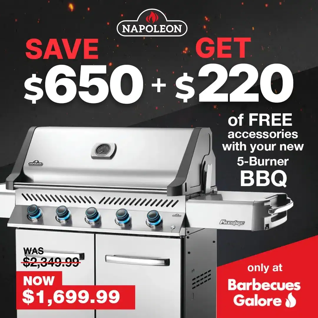 Barbecues Galore promotional ad for a Napoleon five-burner barbecue
