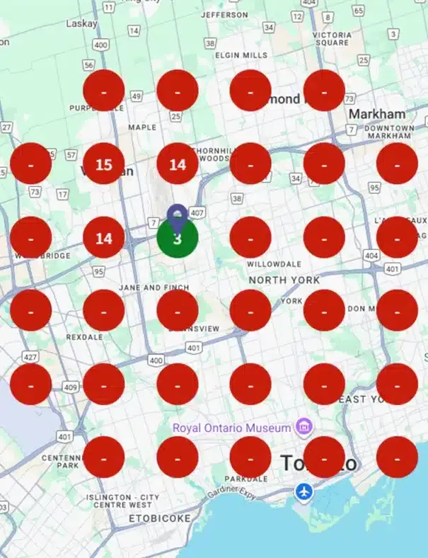 Sonna Home Renovations local map rankings before Bowrand, with the business missing from most of its service area