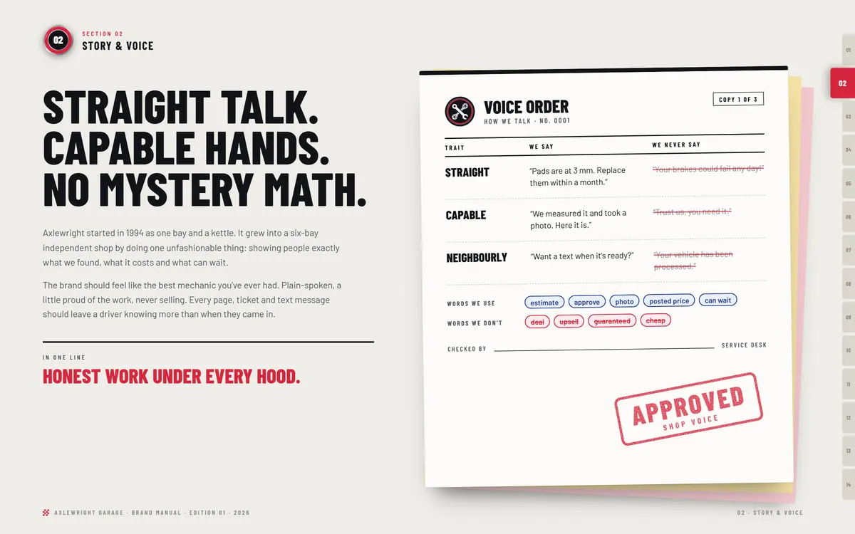 Axlewright Garage brand book, Story & voice
