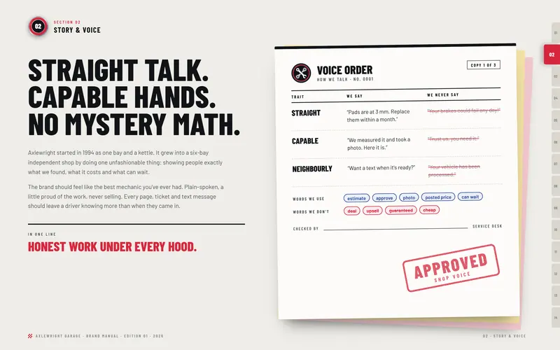 Axlewright Garage brand book: Story & voice