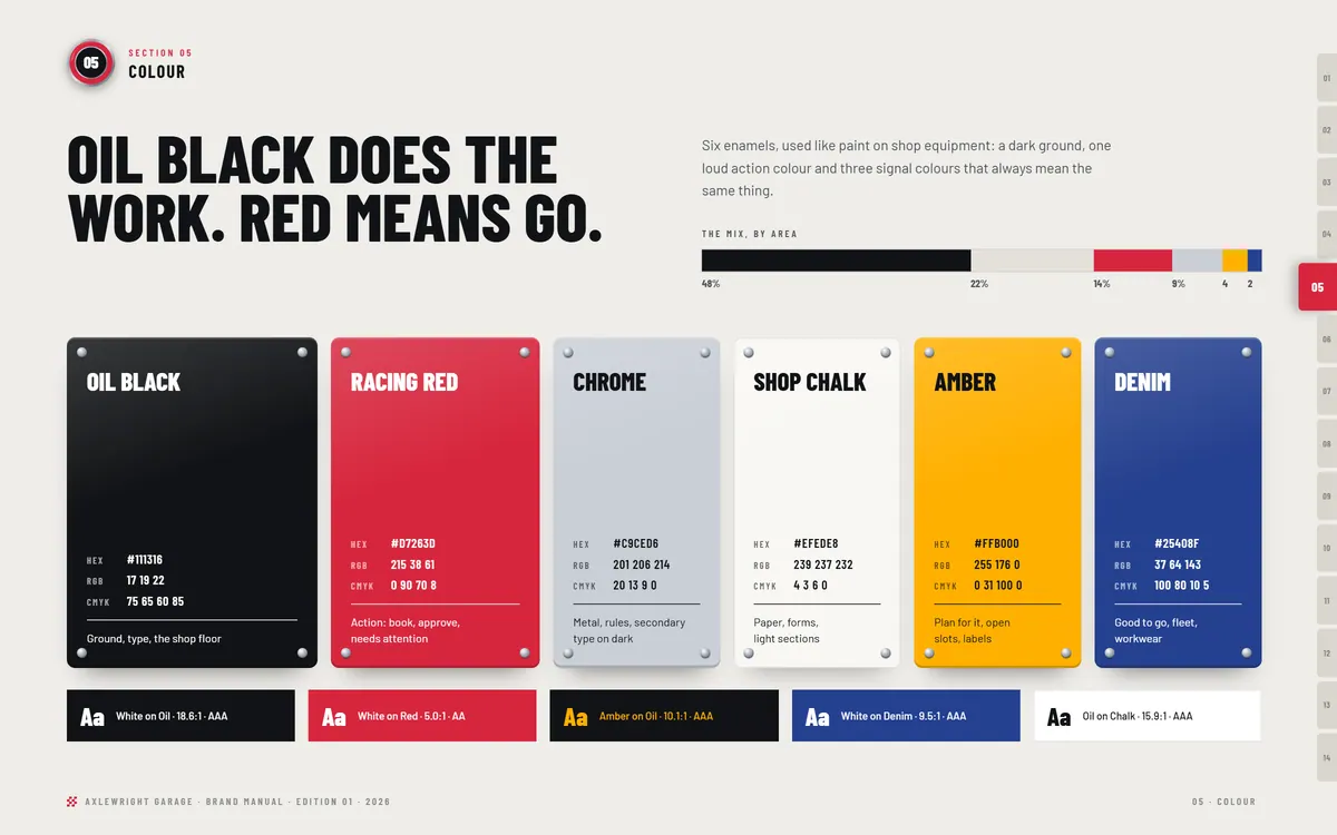 Axlewright Garage brand book, Colour