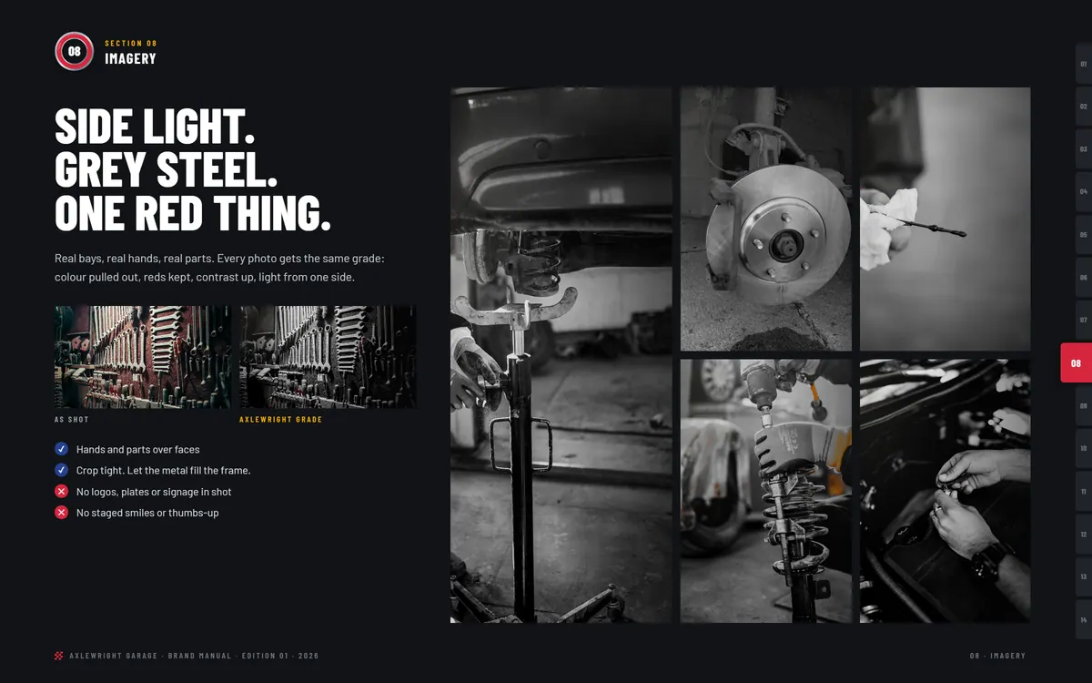 Axlewright Garage brand book, Imagery