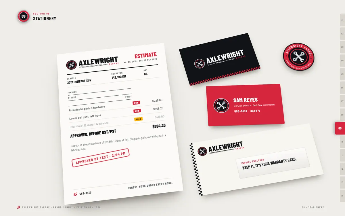 Axlewright Garage brand book, Stationery