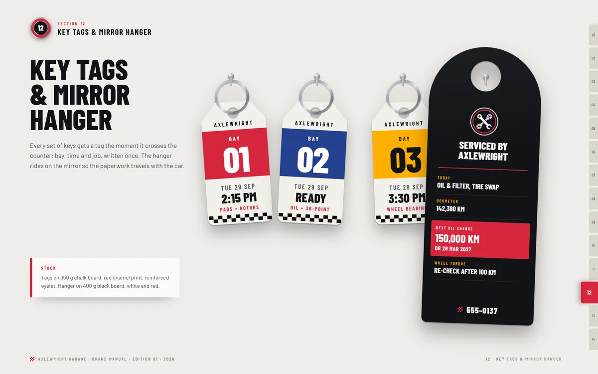 Axlewright Garage brand book, Key tags & mirror hanger