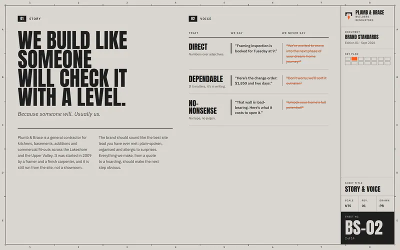 Plumb & Brace brand book: Story & voice
