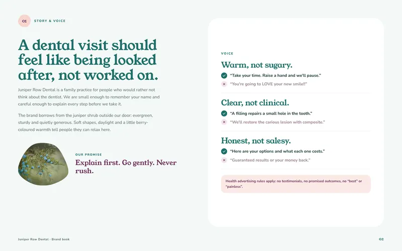 Juniper Row Dental brand book: Story & voice