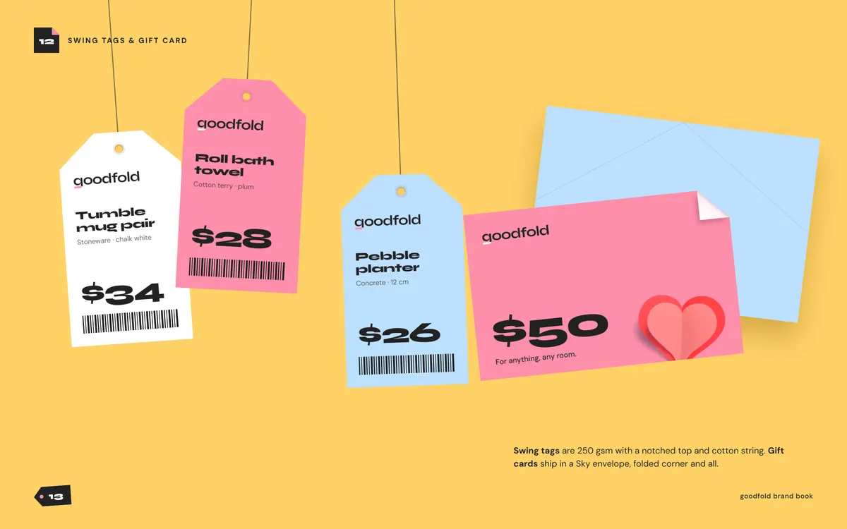 goodfold brand book, Swing tags & gift card
