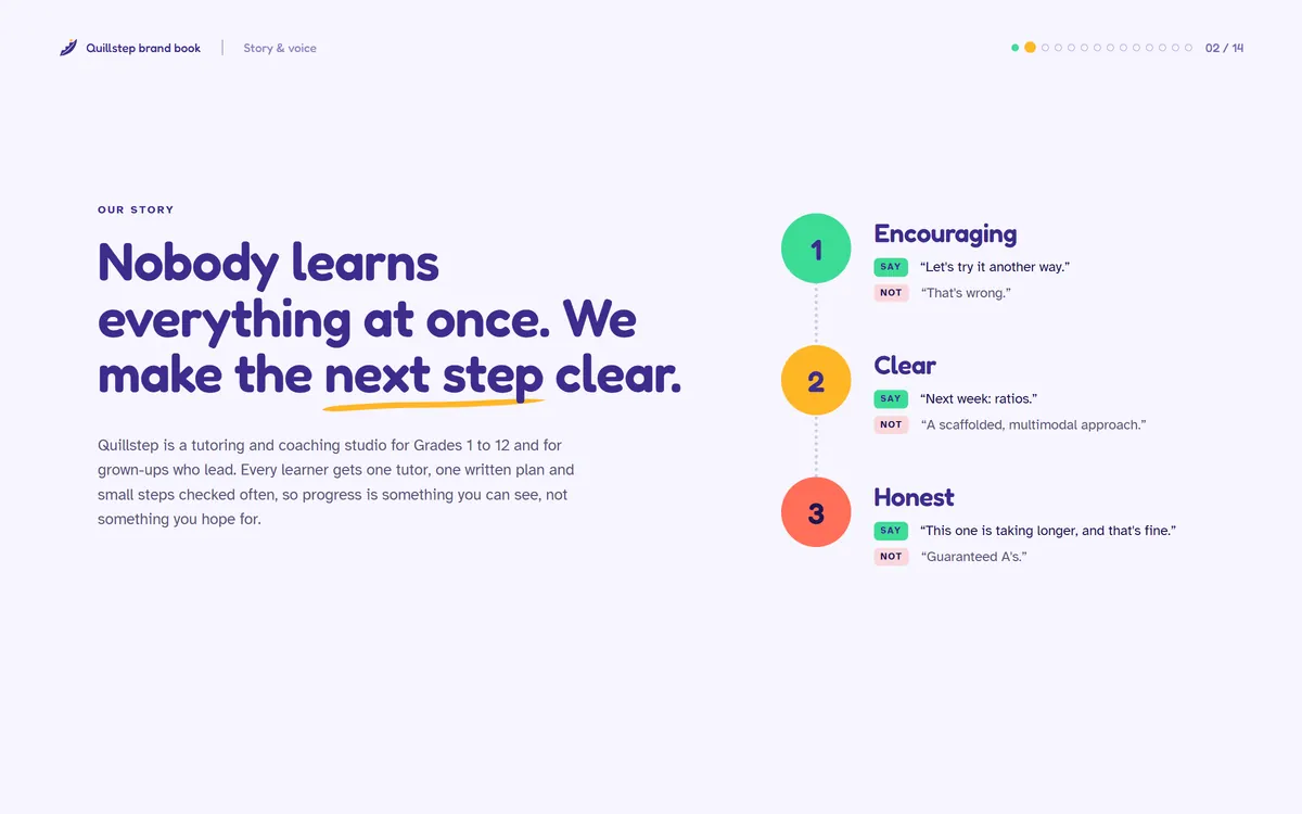 Quillstep Academy brand book, Story & voice