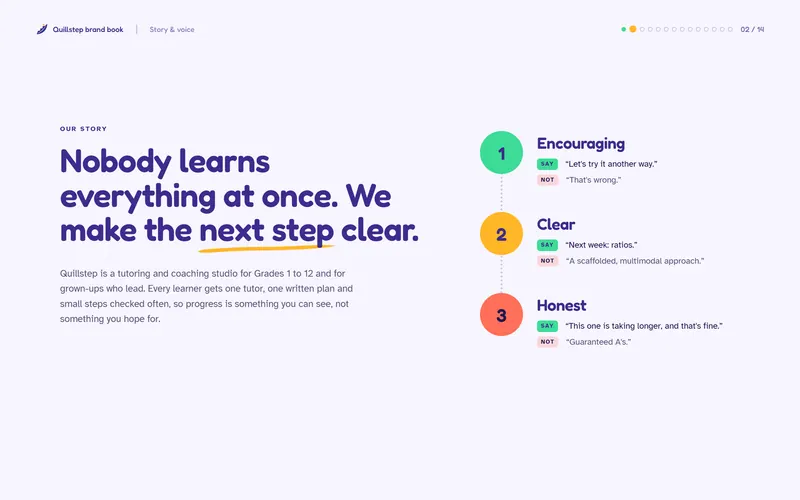 Quillstep Academy brand book: Story & voice
