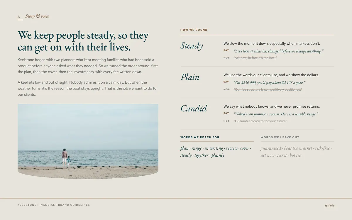 Keelstone Financial brand book, Story & voice