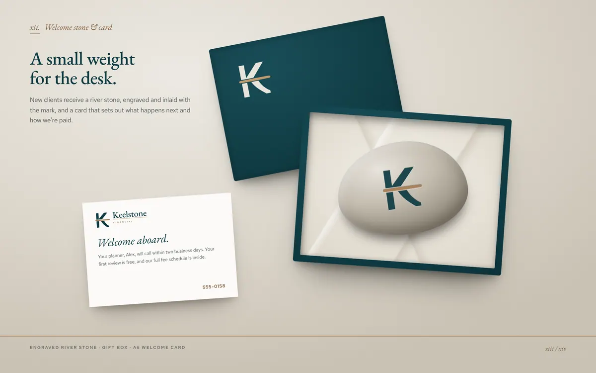 Keelstone Financial brand book, Welcome stone & card