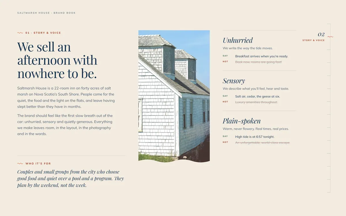 Saltmarsh House brand book, Story & voice