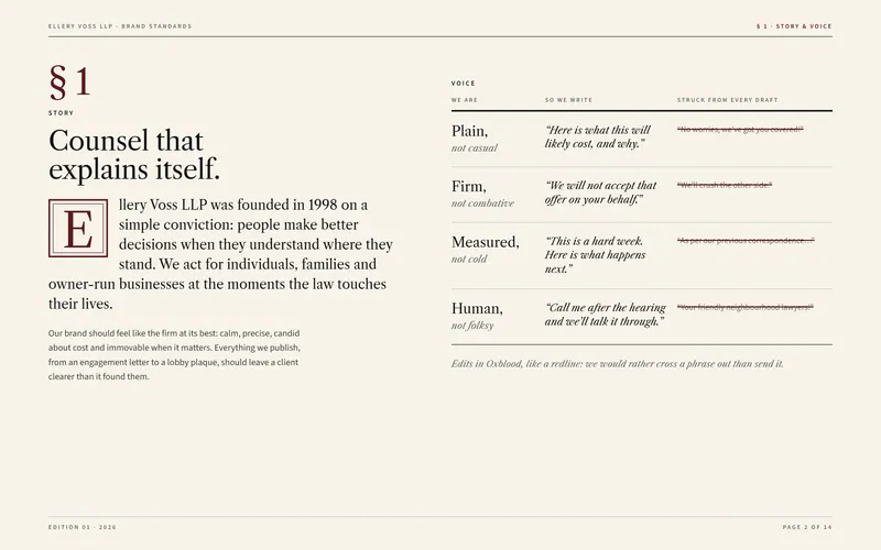 Ellery Voss LLP brand book: Story & voice