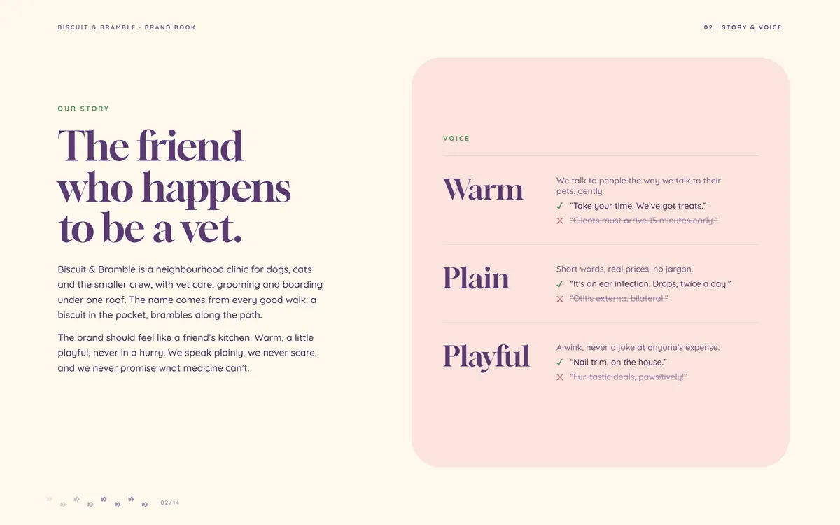 Biscuit & Bramble brand book, Story & voice