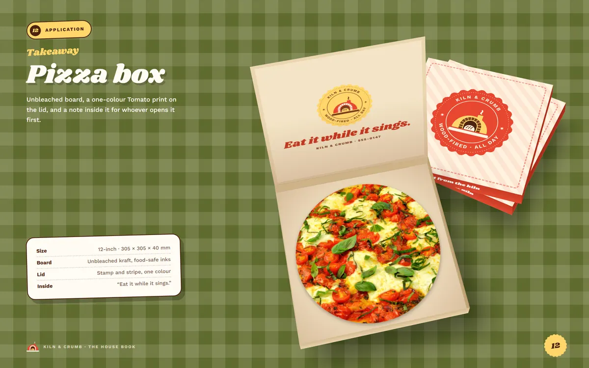 Kiln & Crumb brand book, Pizza box