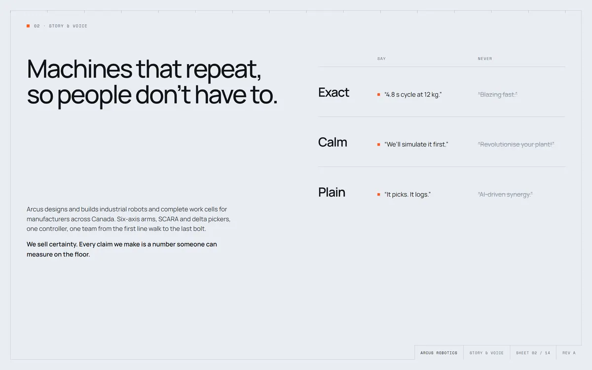 Arcus Robotics brand book, Story & voice