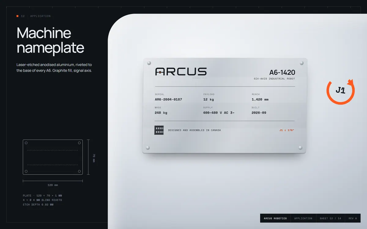 Arcus Robotics brand book, Machine nameplate