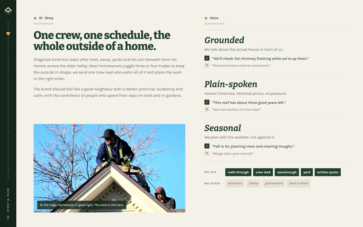 Ridgeroot Exteriors brand book, Story & voice