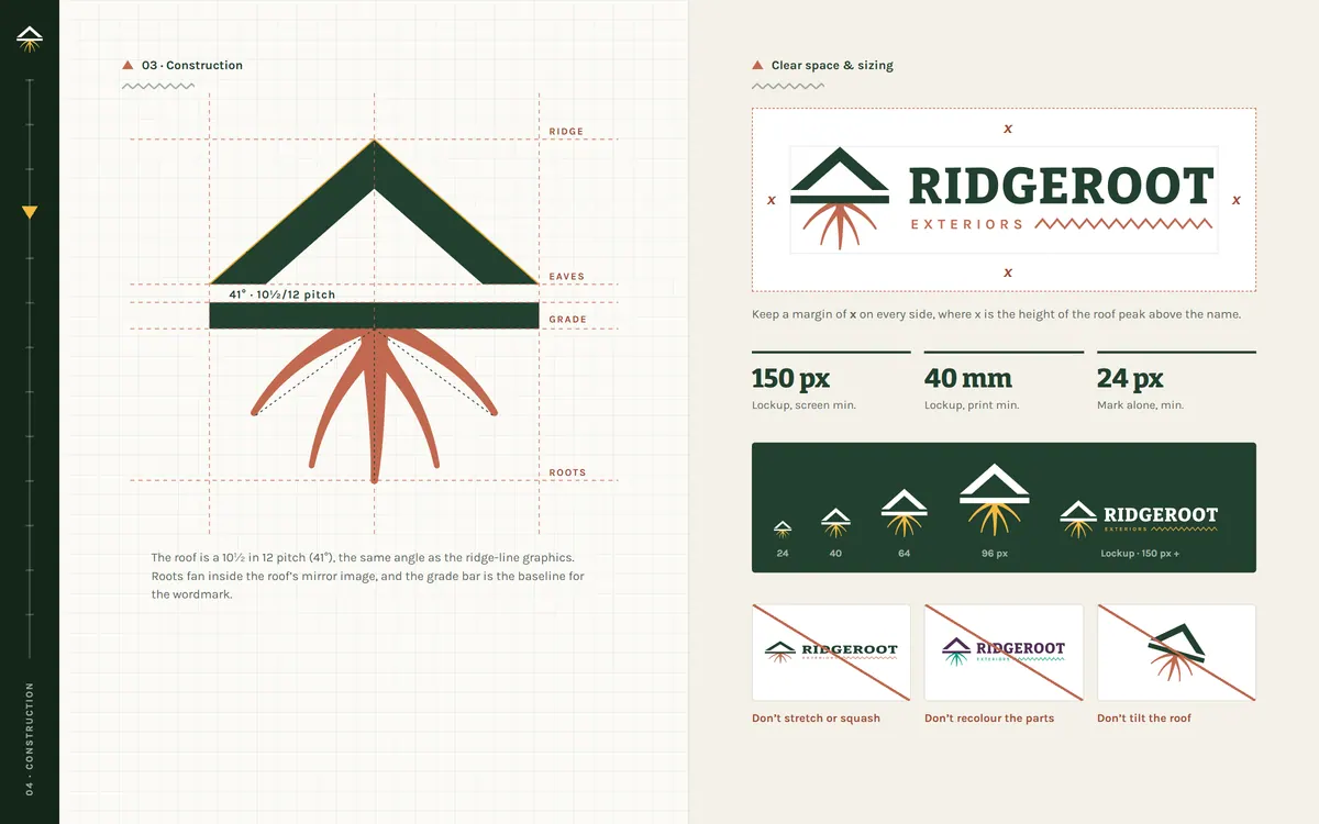 Ridgeroot Exteriors brand book, Construction & clear space