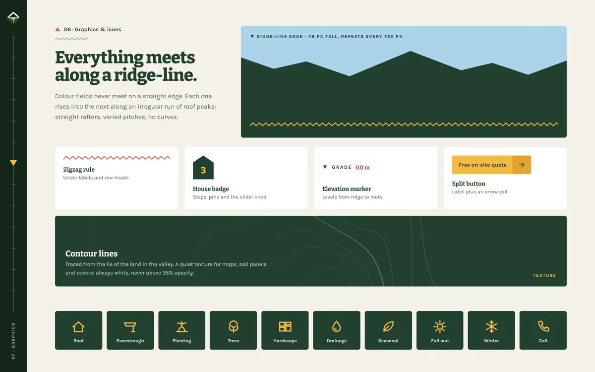 Ridgeroot Exteriors brand book, Graphics & icons