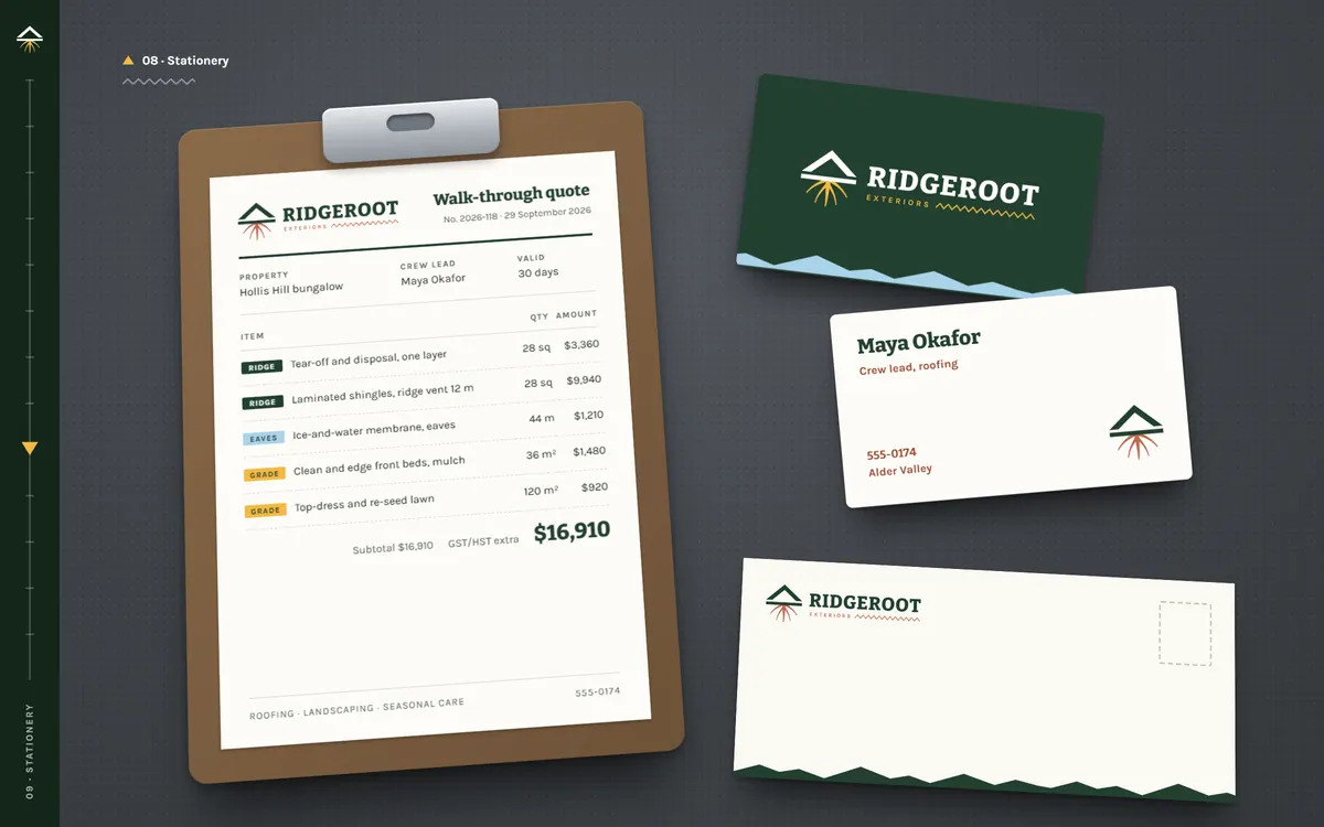 Ridgeroot Exteriors brand book, Stationery