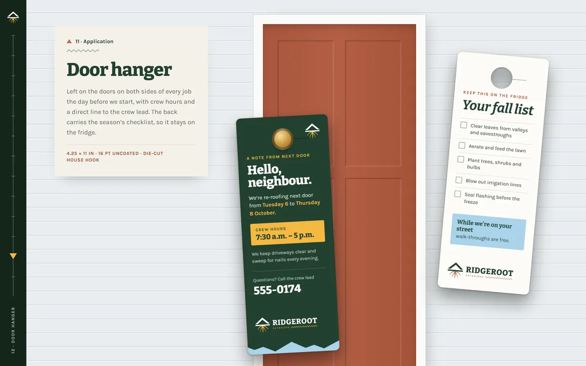 Ridgeroot Exteriors brand book, Door hanger