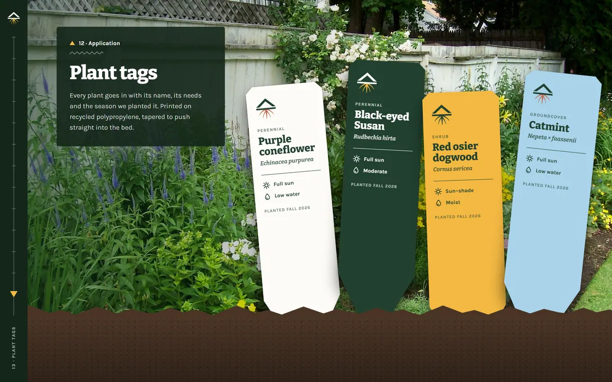 Ridgeroot Exteriors brand book, Plant tags